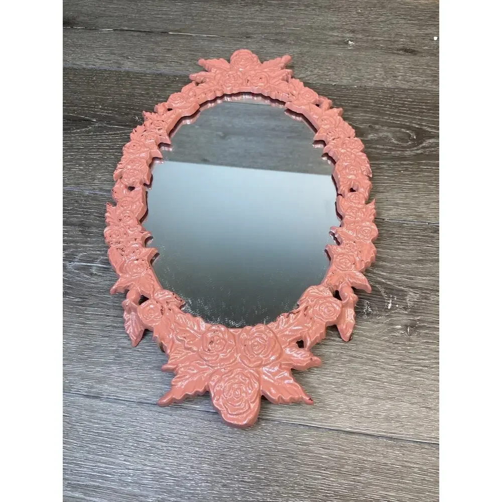 Vintage Oval Ornate Cast Metal Wall Hanging Mirror 16x9” Pink
